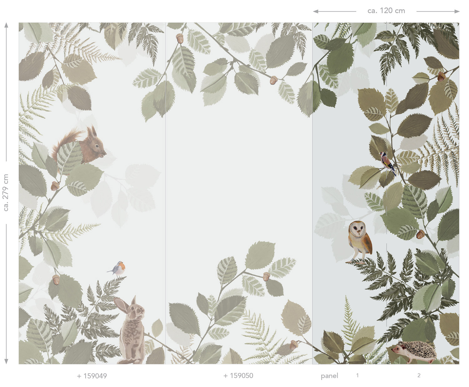 Wandbild Waldtiere Blätter grau grün 150 x 279 cm 159051