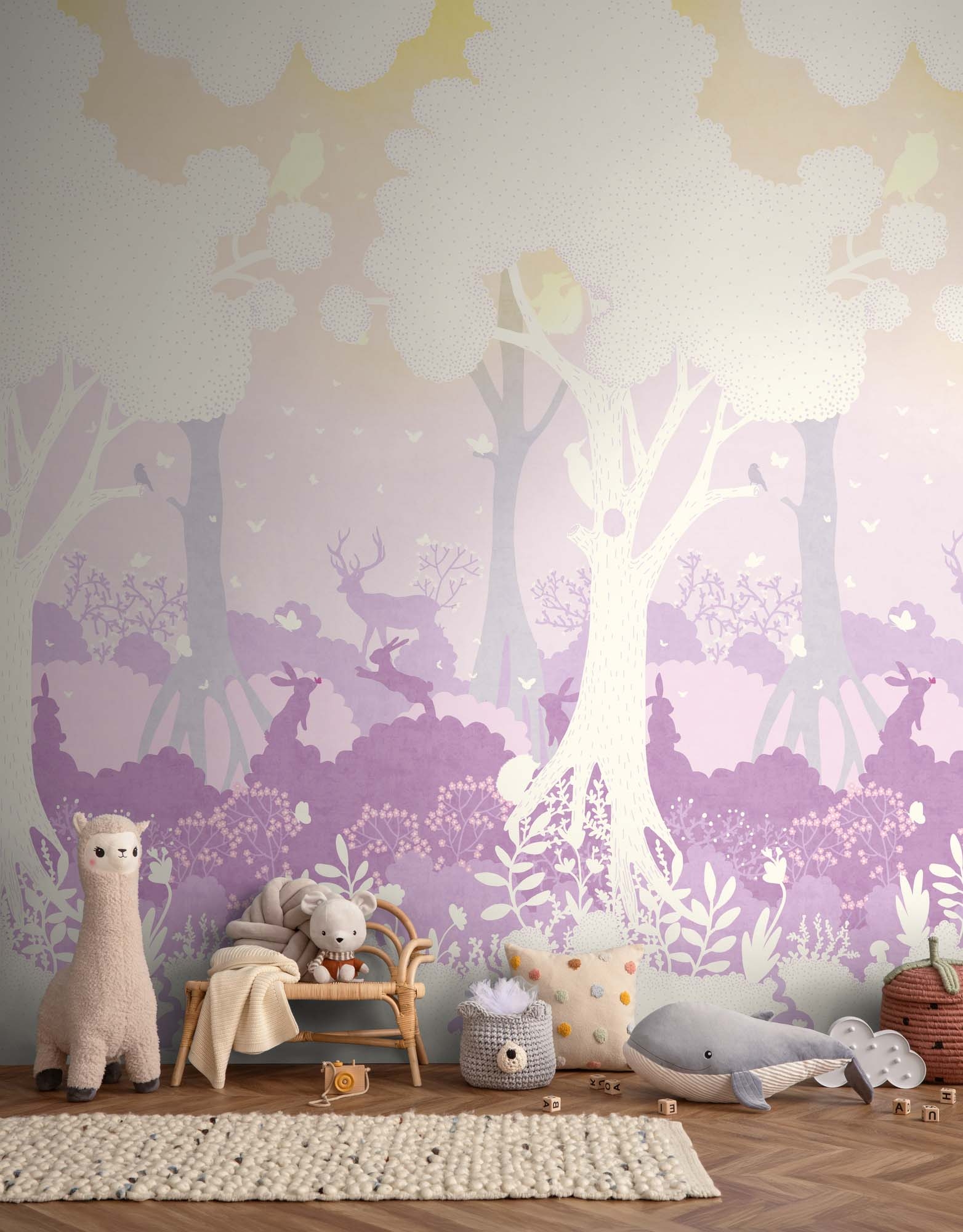 Wandbild Zauberwald Tiere lila gelb 159 x 280 cm 792894