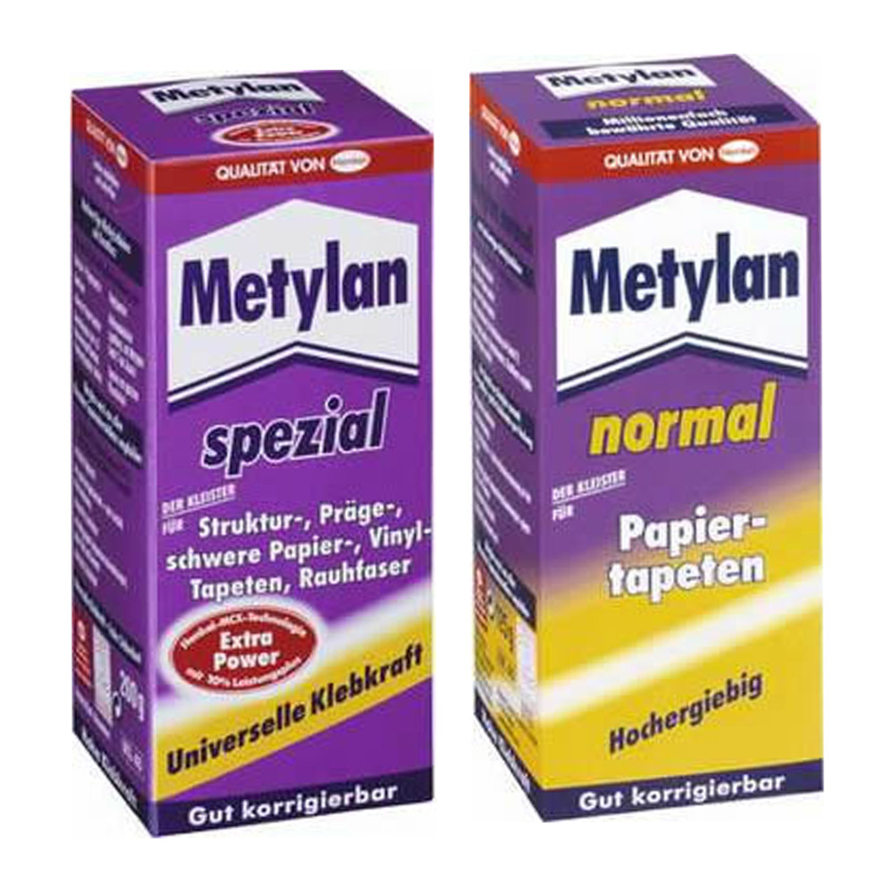 Metylan Tapetenkleister für normale und Spezialtapeten. Den Metylan Tapetenkleister gibt es für Papiertapeten und auch für Struktur-, Präge- und Vinyltapeten.