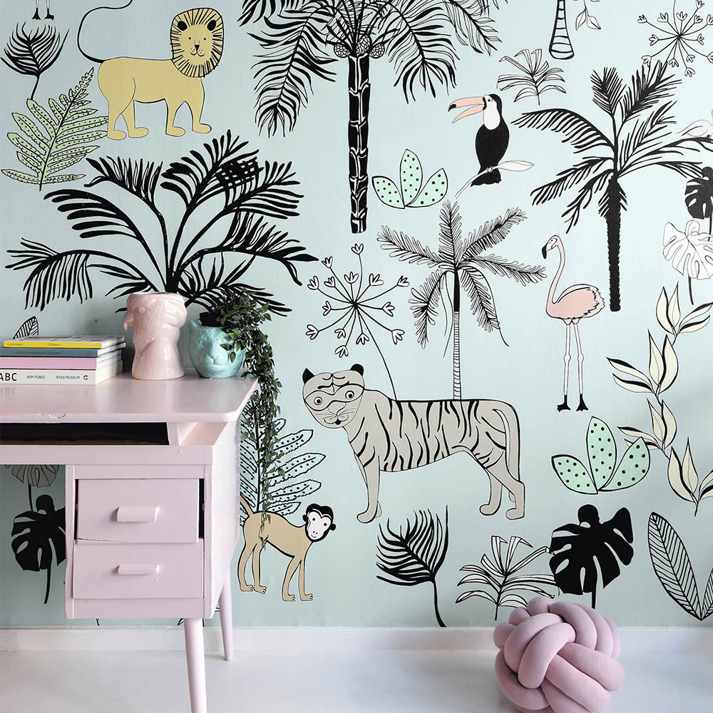 Wandbild Löwen Tiger Affen Jungletiere Urwald Hellblau 842197