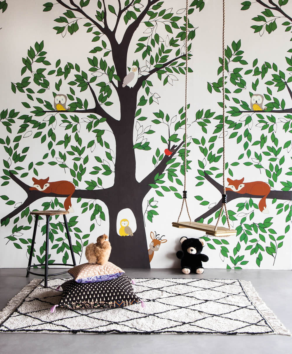 Wandbild Baum Waldtiere Fuchs Reh Vögel Blätter beige 557756-7-557756