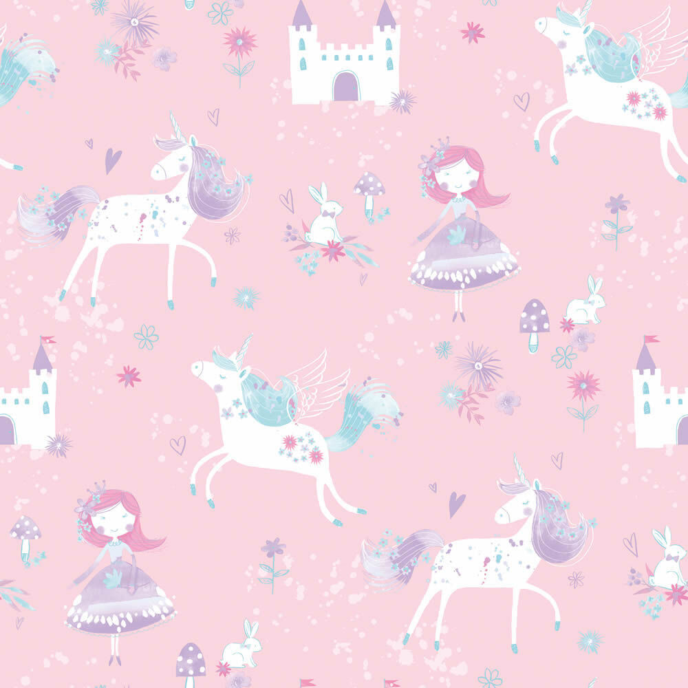 Wallpaper non-woven pink unicorns _L1