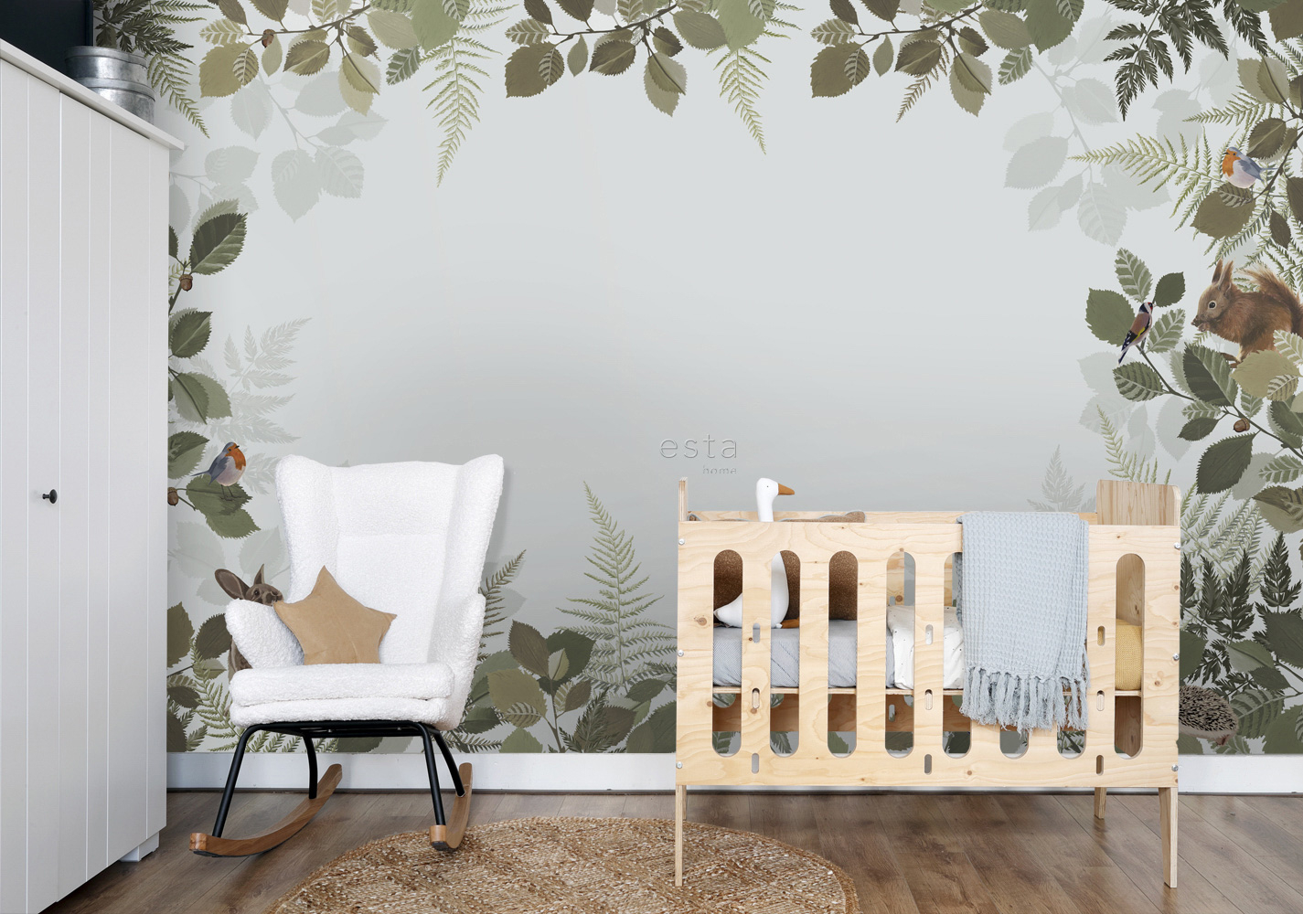 Wandbild Blätter Waldtiere grau grün 400 x 279 cm 159101
