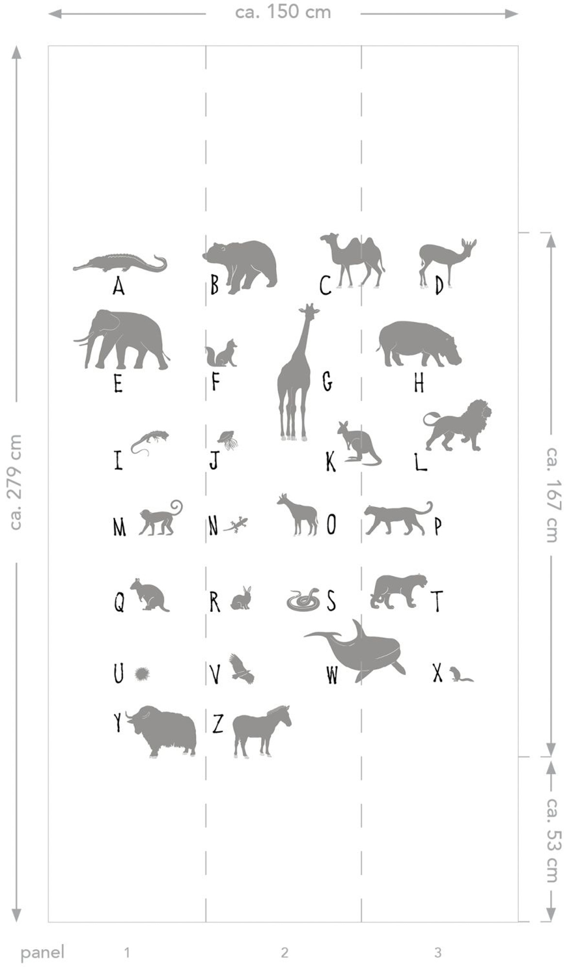 Wandbild Tier ABC Alphabet grau weiß 150 x 279 cm 158923