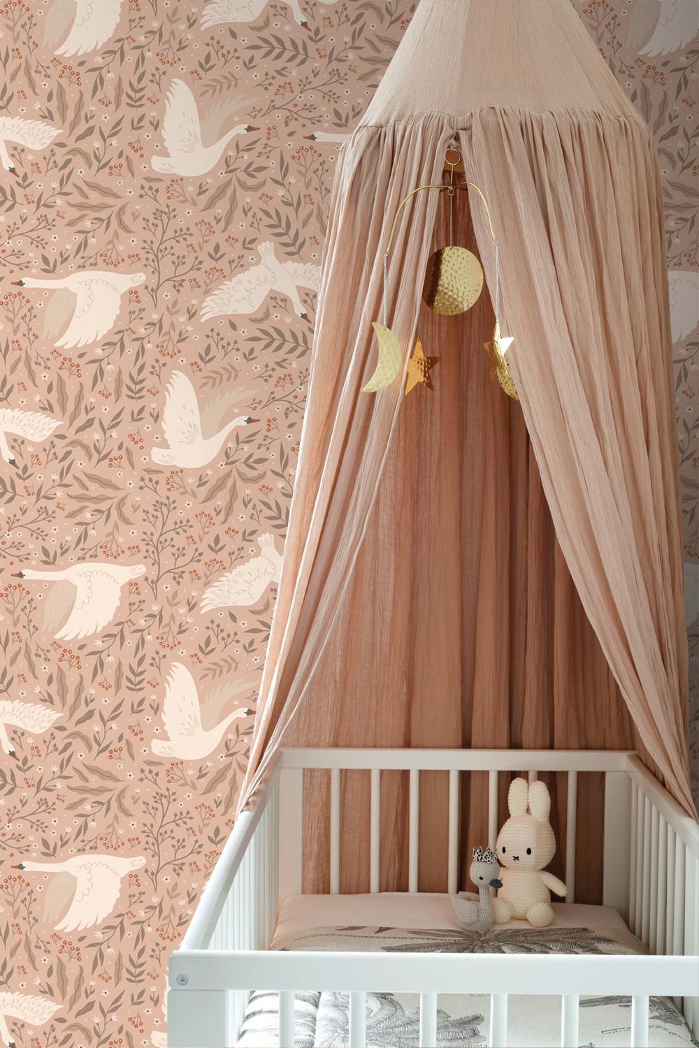 Mustertapete fliegender Schwan Florale Vliestapete apricot