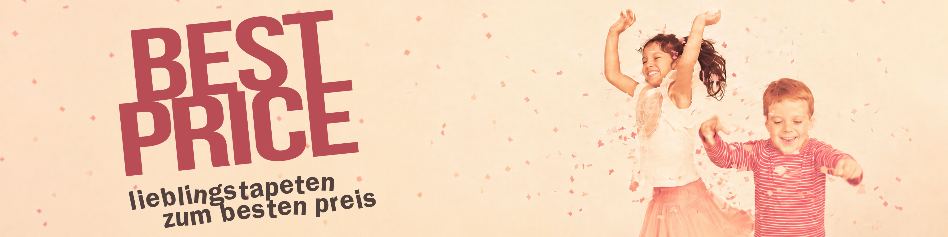 Best Price Banner mit zwei fröhlichen Kindern und Konfetti für Lieblingstapeten zum besten Preis