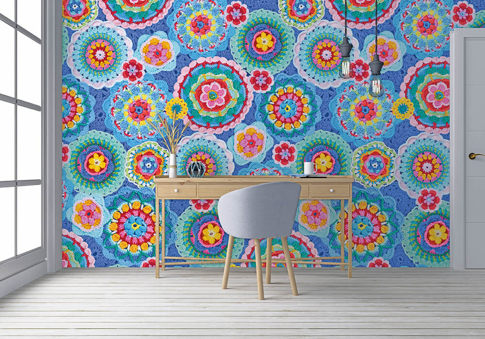 Wandbild Häkelmuster Blumen Blau Bunt-65-TD4002