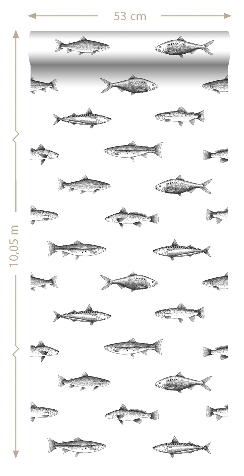 Fischtapete Zeichnung schwarz weiß Vlies 138967