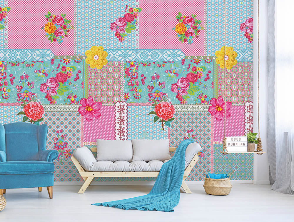 Wandbild Patchwork Bunt Blumen Muster-65-TD4017