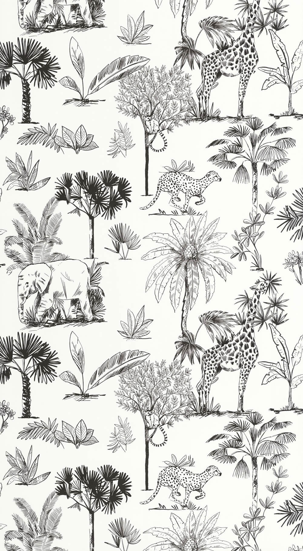 Black and white wallpaper non woven safari animals trees leaves drawn Les Minis Mondes Caselio MNM105739090