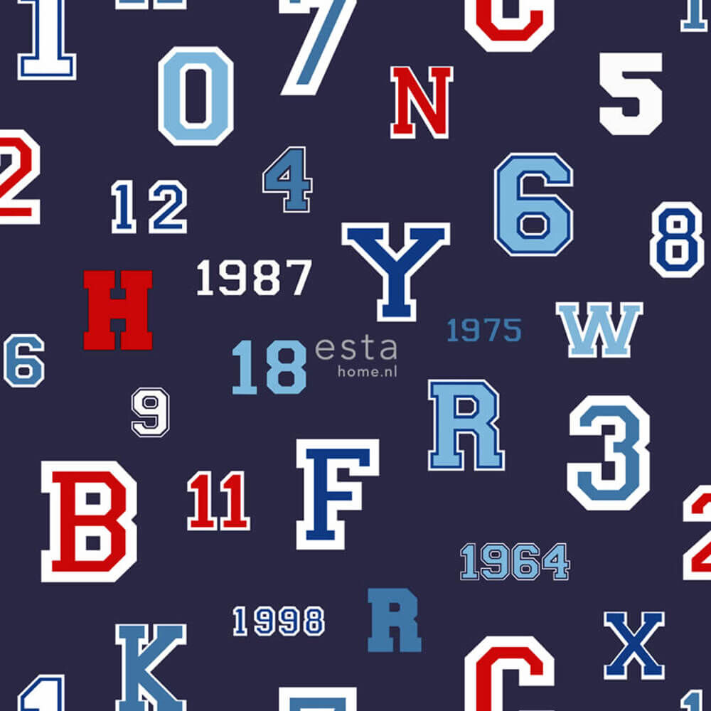 Numbers letters non-woven wallpaper dark blue