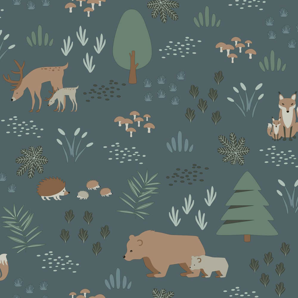 Bären Igel und Rehe Vliestapete dunkelblau Woodland Rasch Textil 139248