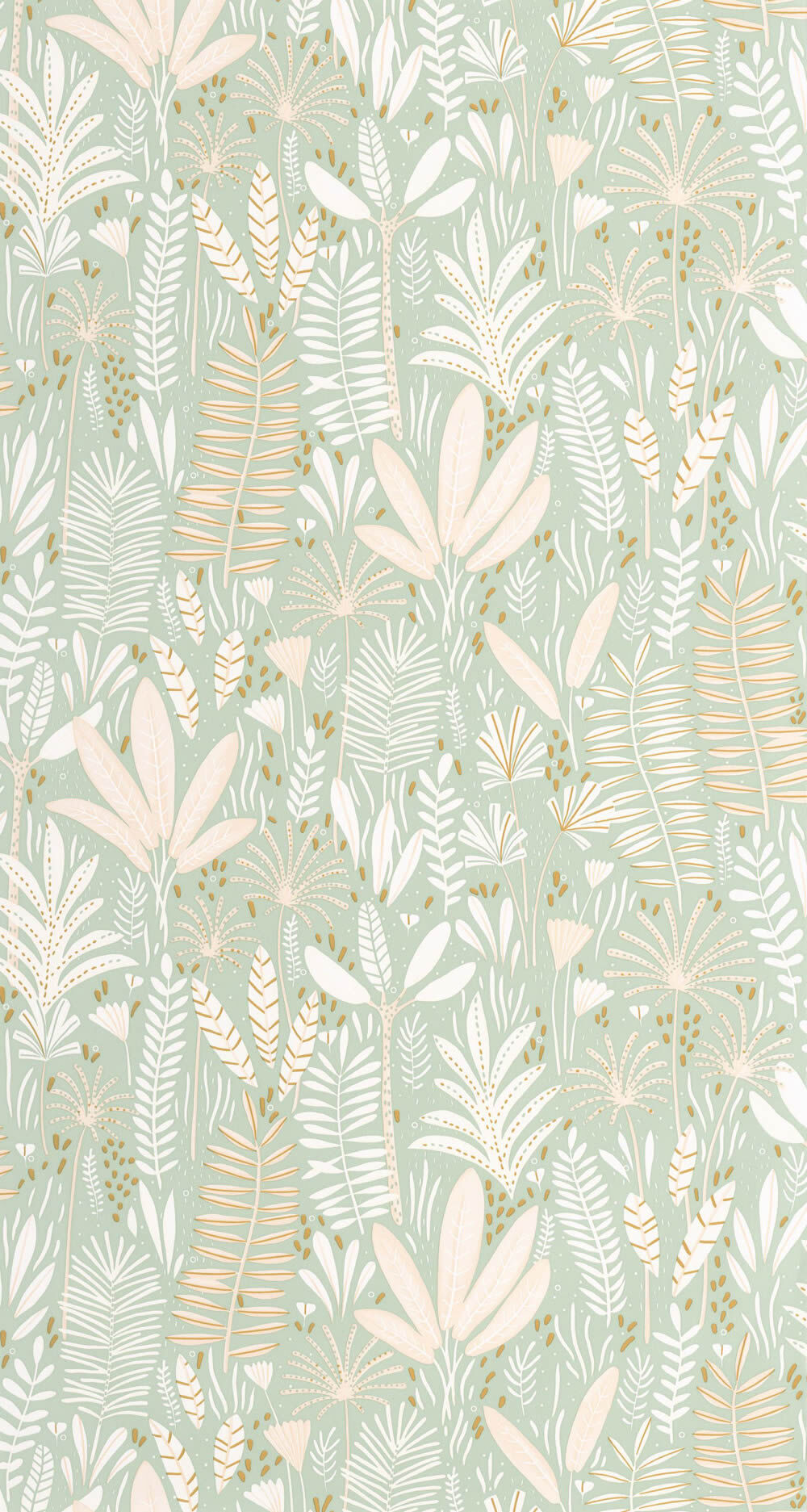 Jungle scatter non-woven wallpaper leaves mint beige ocher Les Minis Mondes Caselio MNM105727010