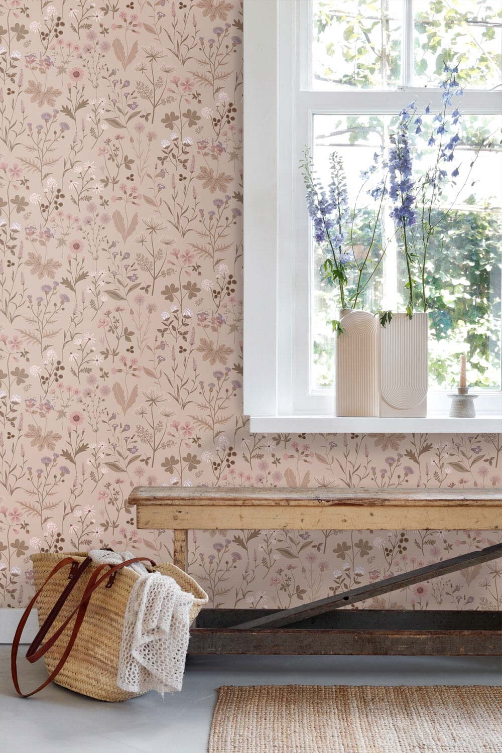 Wildflowers floral pattern wallpaper girls room dusty pink