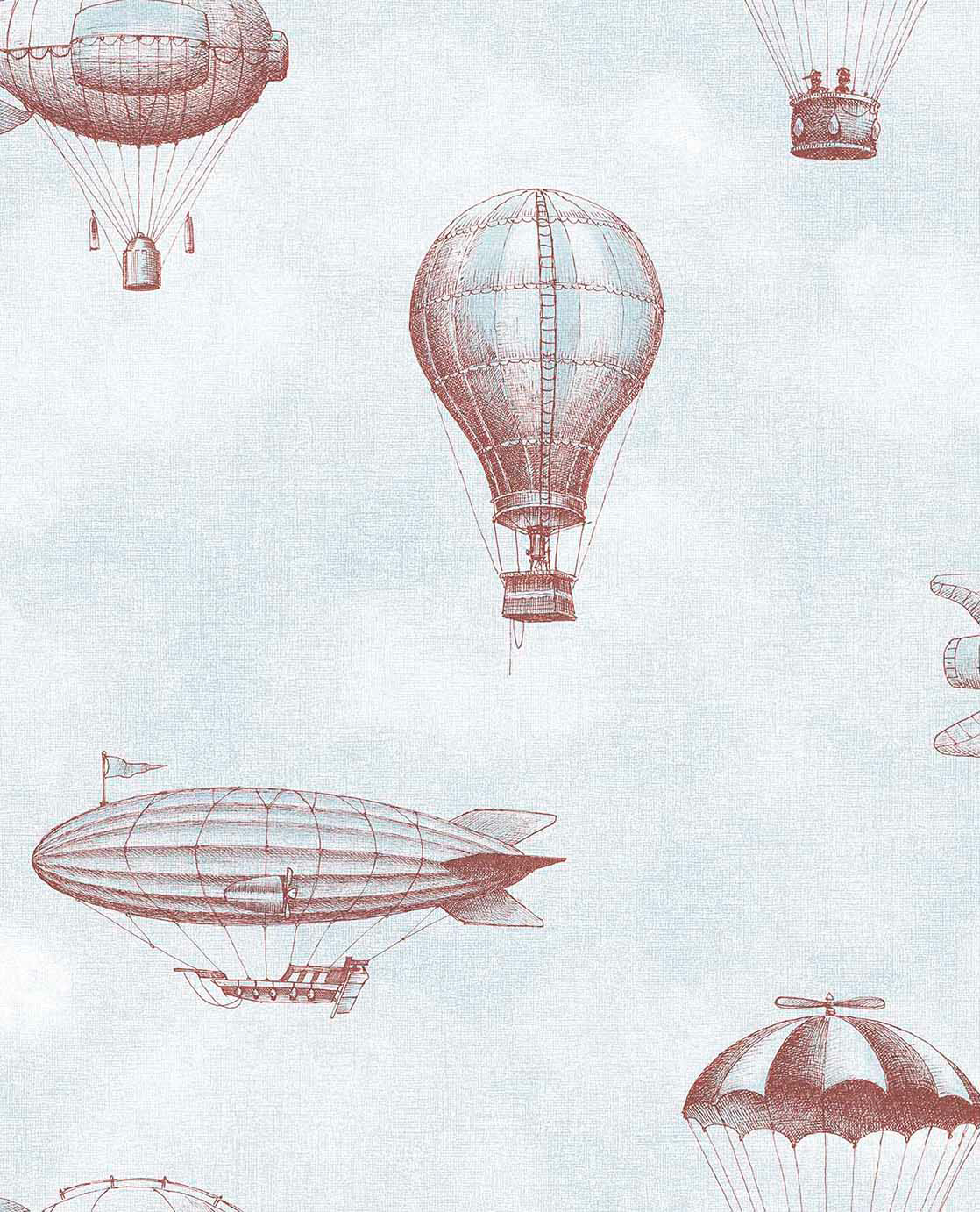 Musterstück ca. 12 cm Aufsteigende Heißluftballons und Zeppelin Vliestapete blau
