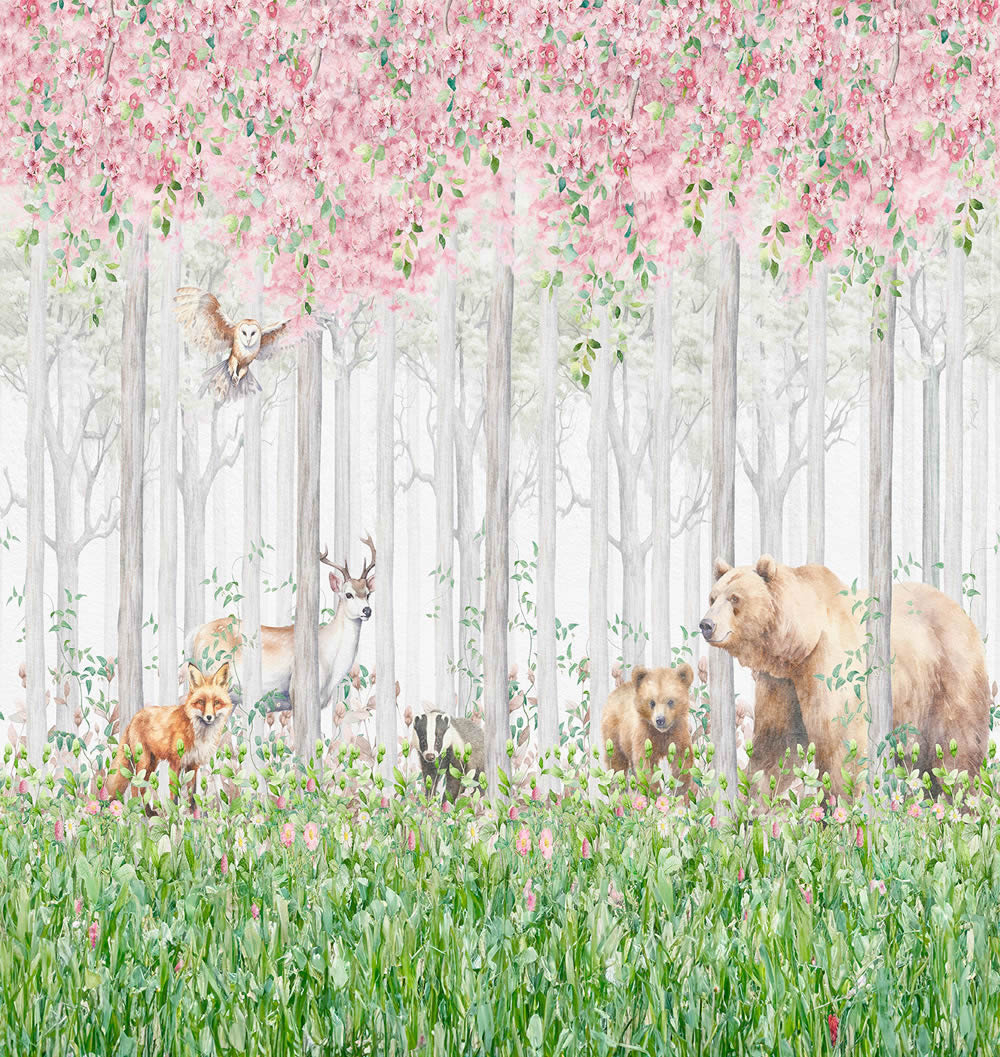 Wandbild Vlies Wald Waldtiere Eule Fuchs Bär Blumen grün grau pink CW6045-1-62-CW6045-1
