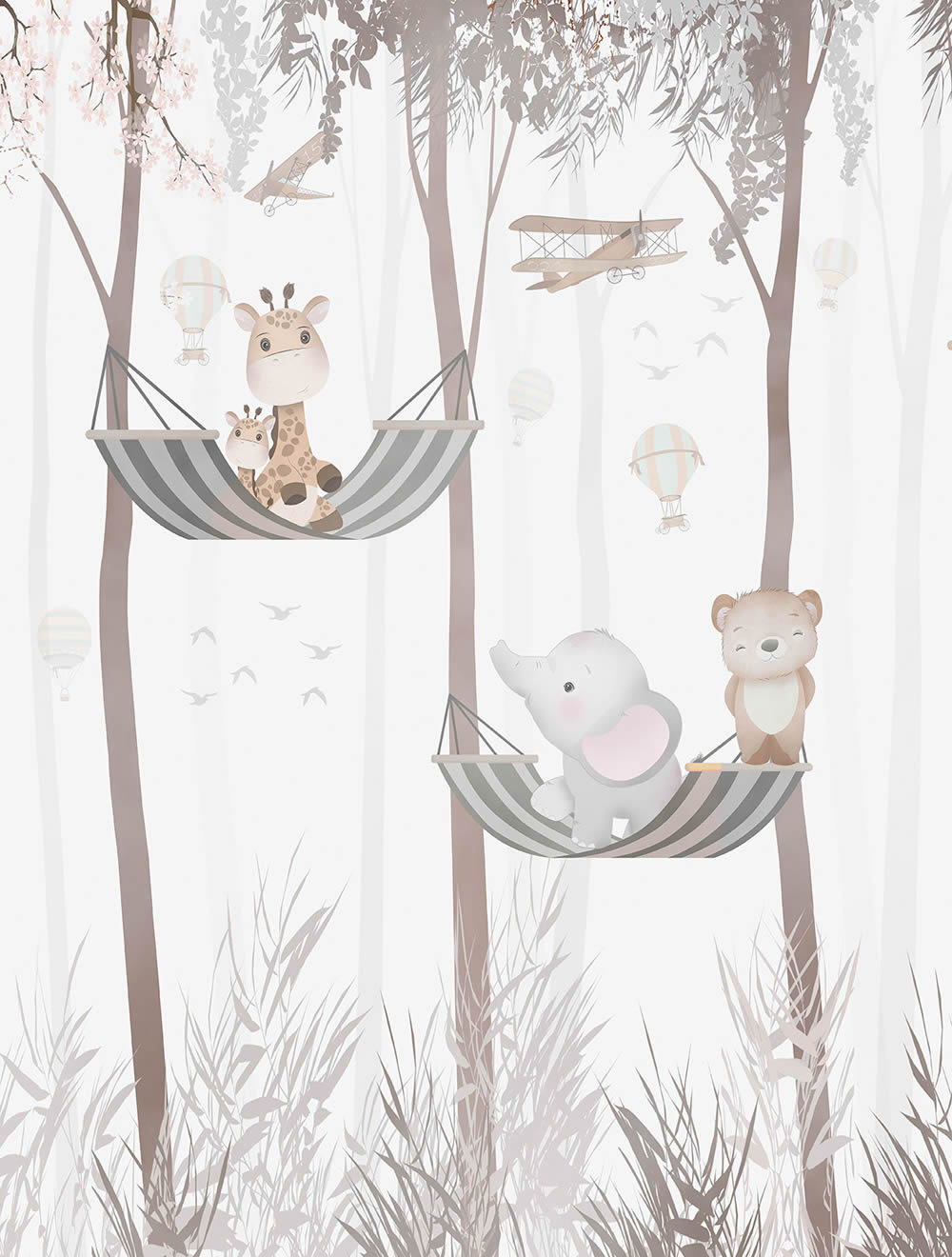 Wandbild Vlies Wald Bäume kleine Tiere in Hängematten matt grau CW6032-1-62-CW6032-1