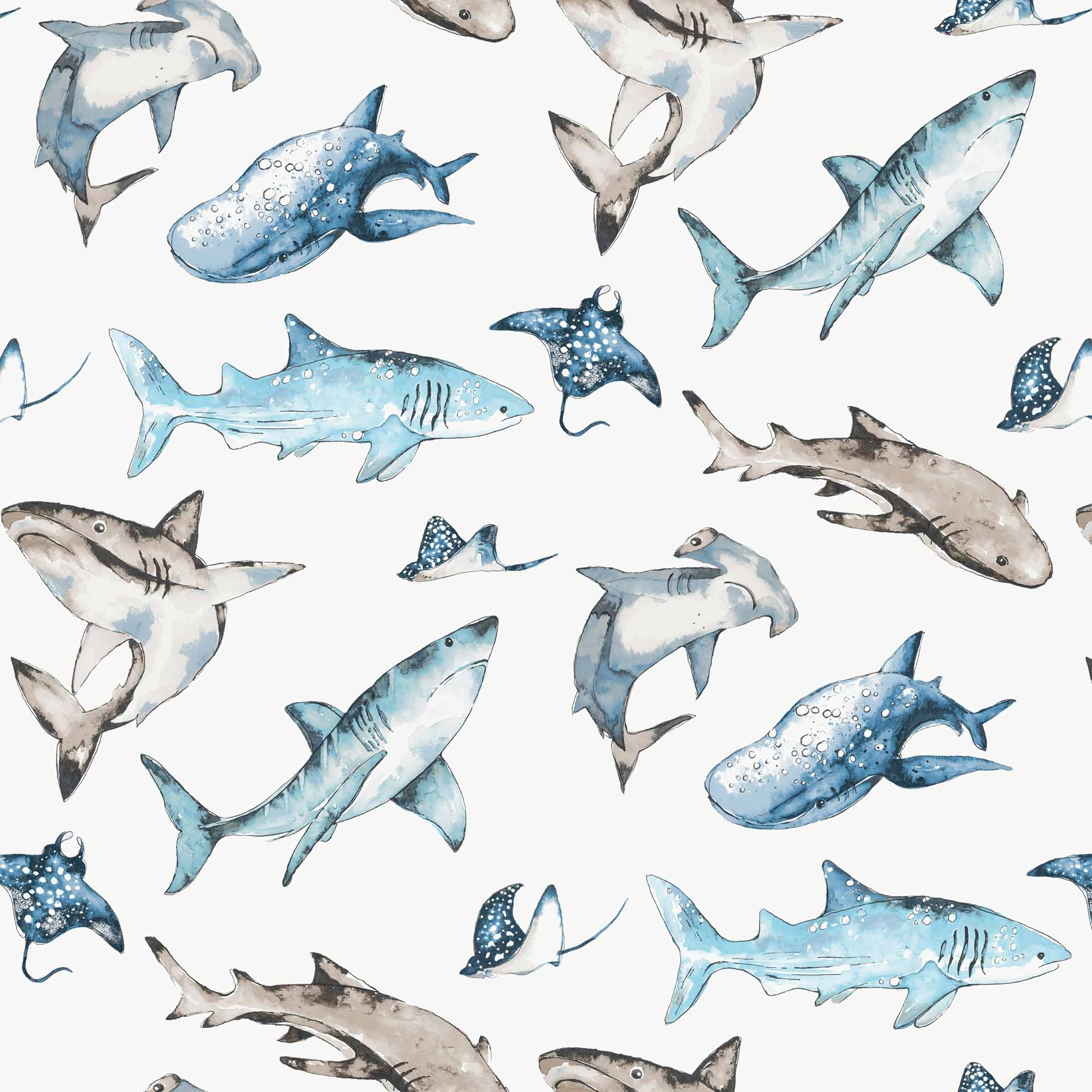 Tapete Meerestiere Hai Rochen Aquarelloptik Vlies blau G78592