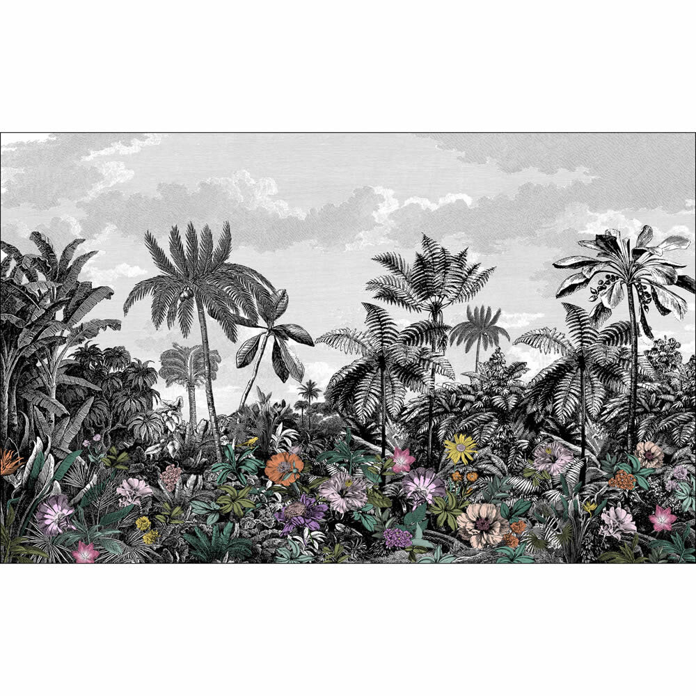 Wandbild L Jungle Palmen und Blüten schwarz weiß bunte Blumen PMW104619915