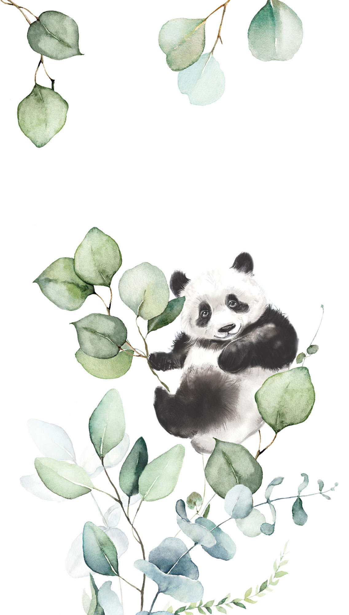 Eukalyptus Wandbild 3 Bahnen kleiner Pandabär Vlies weiß mint