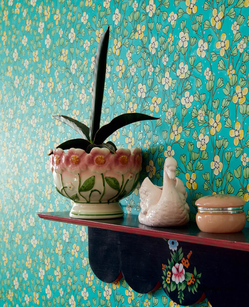Green non-woven wallpaper flower tendrils-55-383535