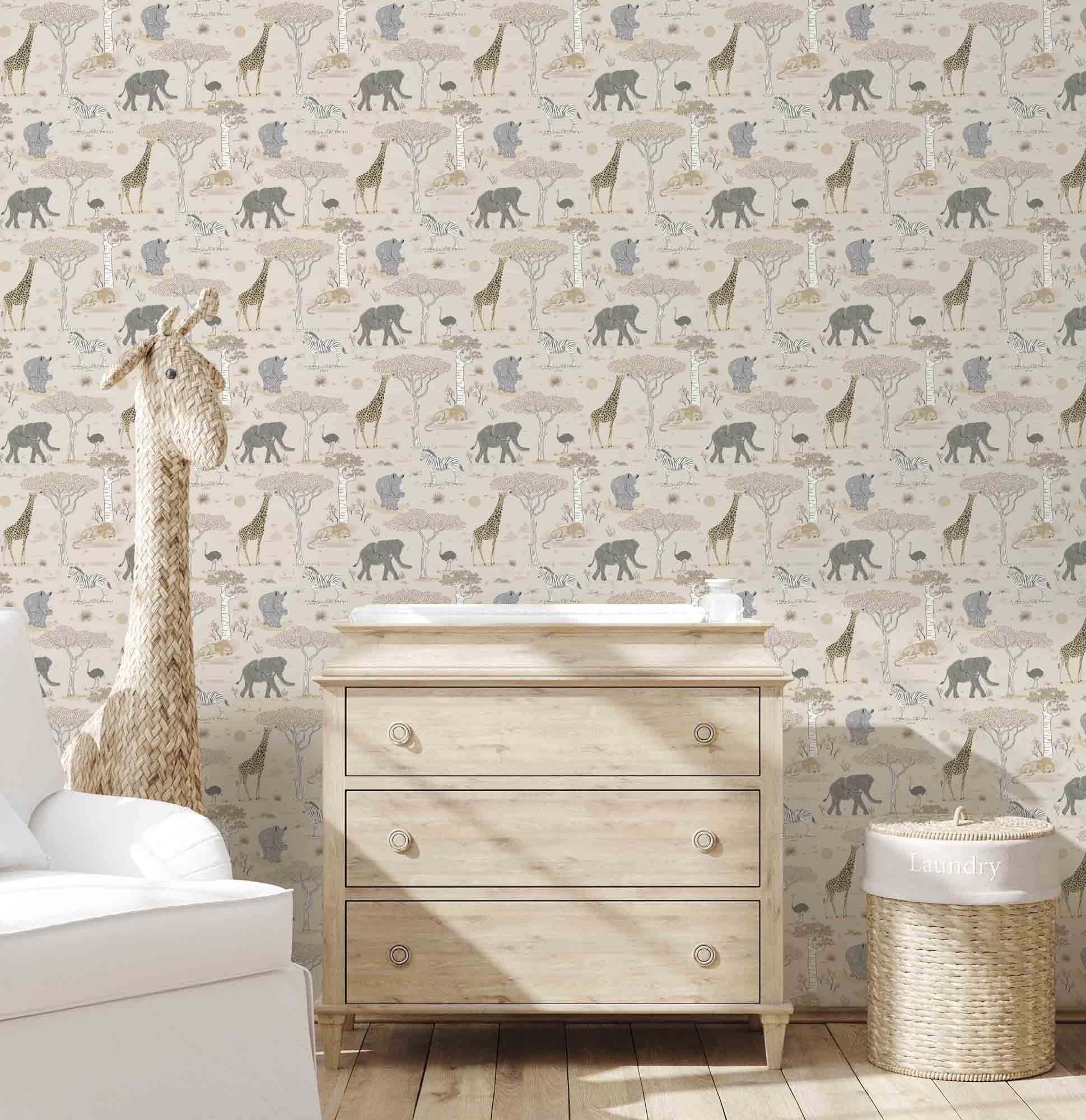 Tapete Safaritiere Zebra Elefant Giraffe Vlies beige G78588