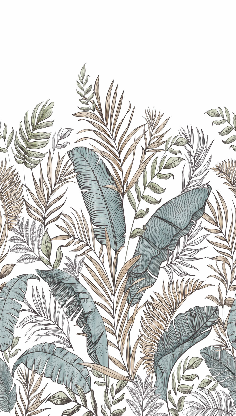 Wandbild 1,59 x 2,80 m Blätterwald botanisch Palmenwedel taupe blau A73401