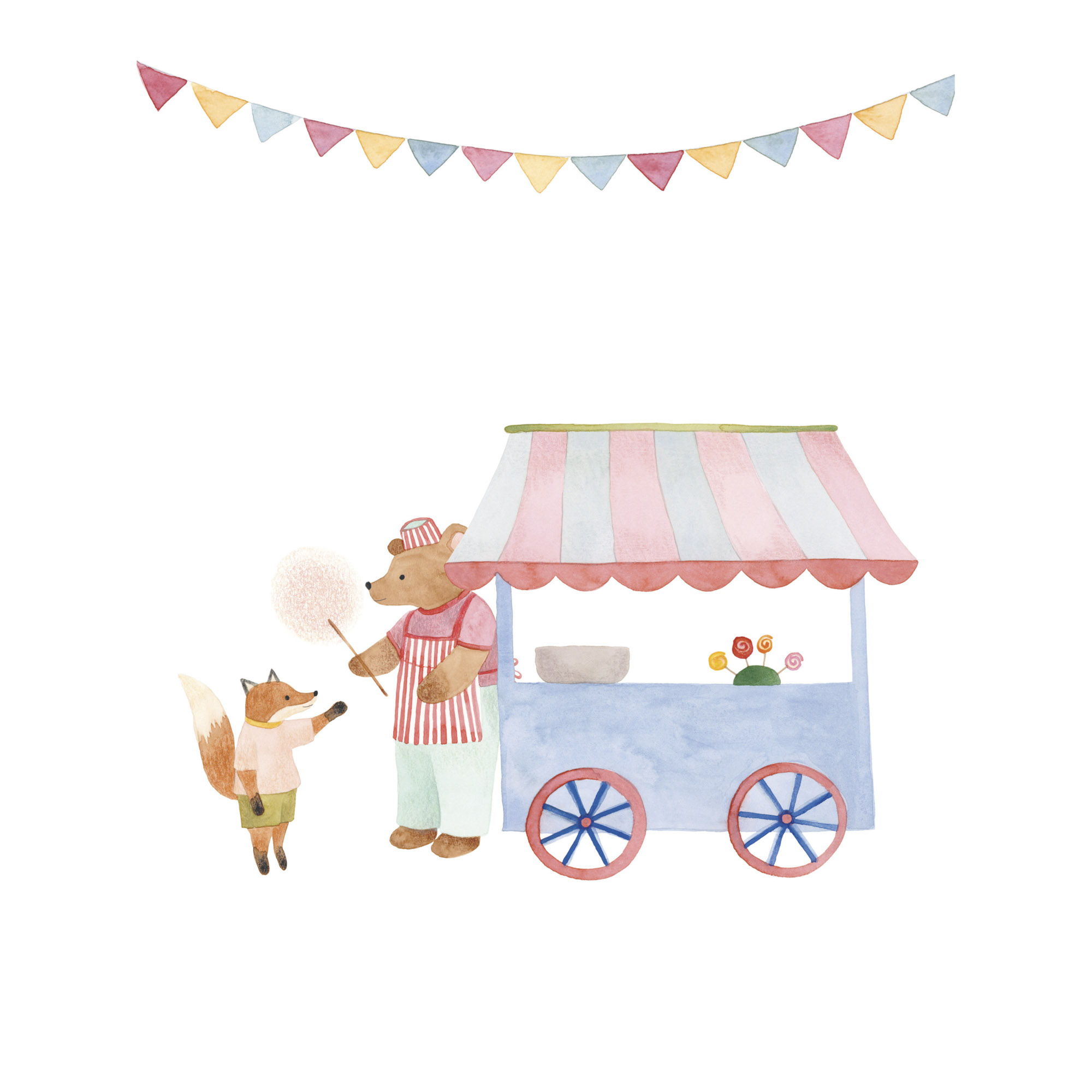 Poster Tiere am Zuckerwattestand Jahrmarkt weiß OUTT203043302