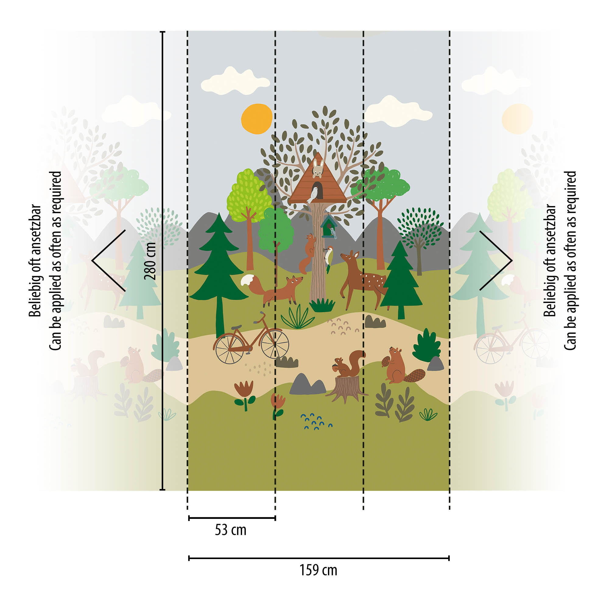 Wandbild Waldtiere Fuchs Reh Bäume grün 159 x 280 cm 792881