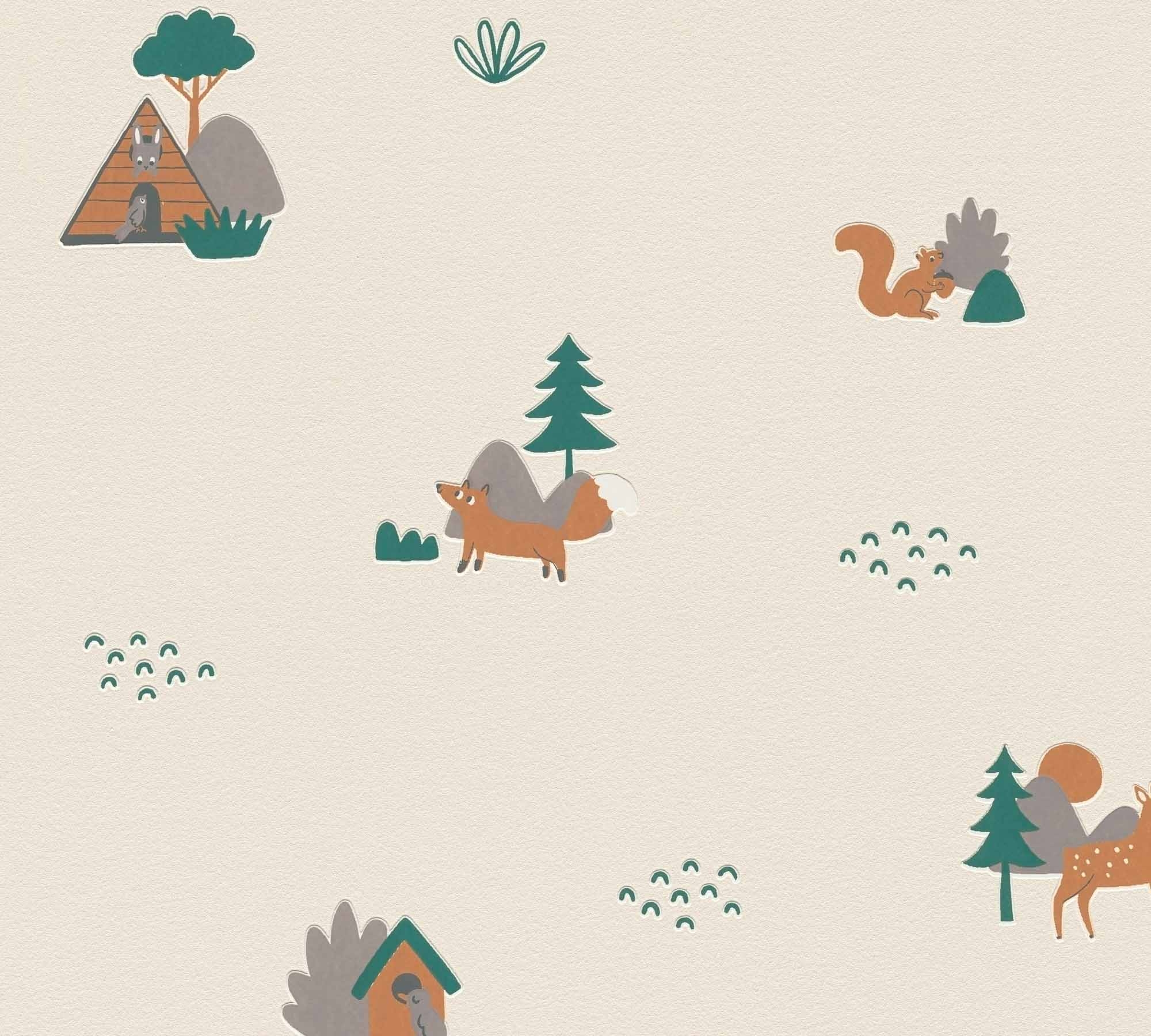 Waldtapete Waldtiere Fuchs Eichhörnchen creme 792581