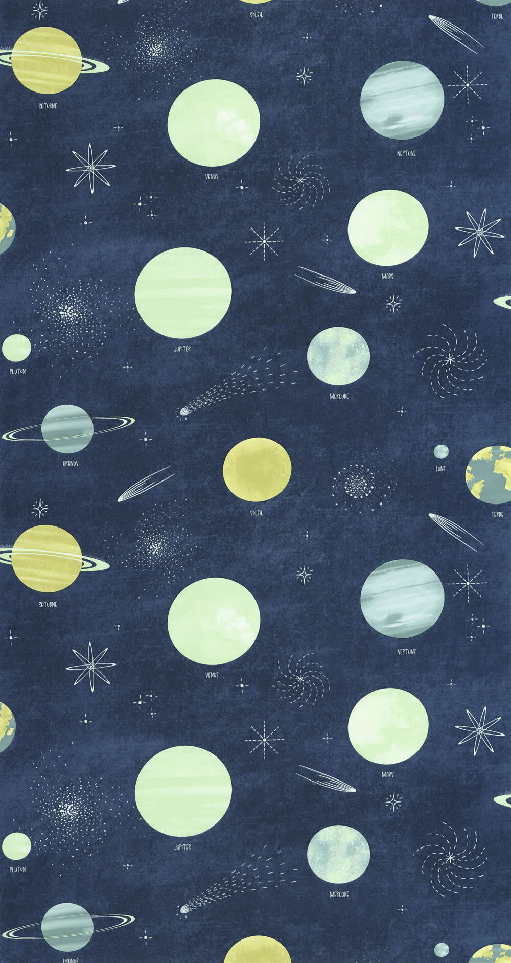 Space non-woven wallpaper Milky Way stars and planets dark blue green Les Minis Mondes Caselio MNM105686066