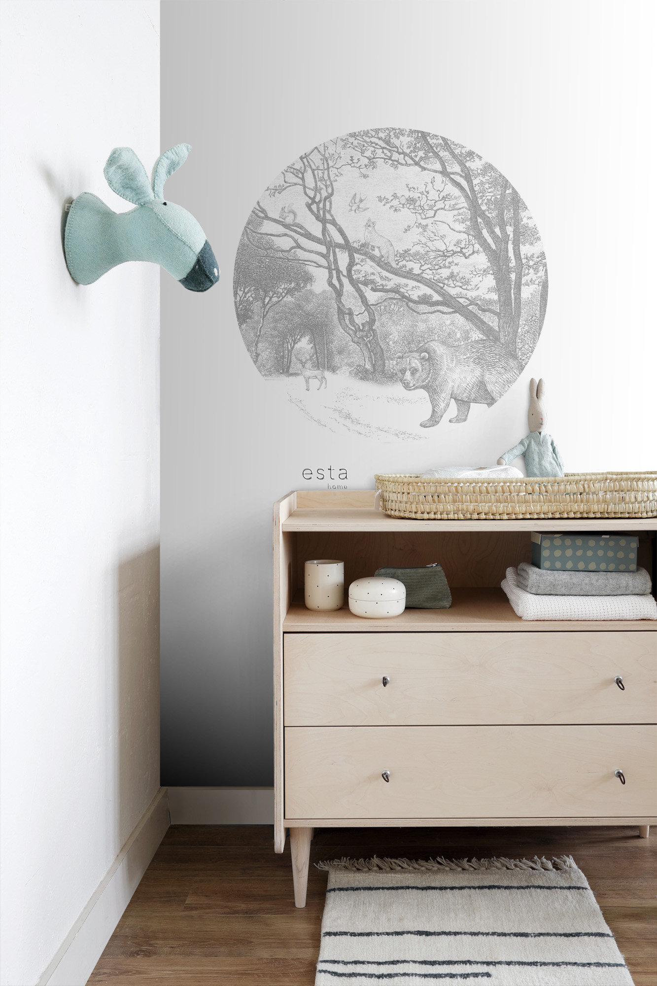 Wandbild Waldtiere rund grau 70 cm Vlies 159070