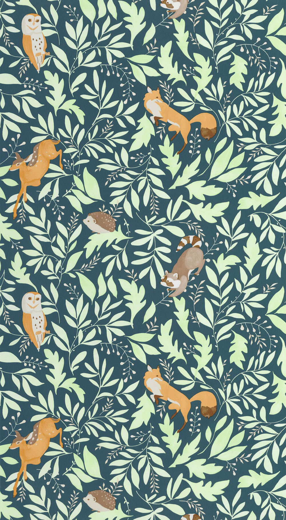 Animal wallpaper leaves raccoon owl dark blue and mint Les Minis Mondes Caselio MNM105746009