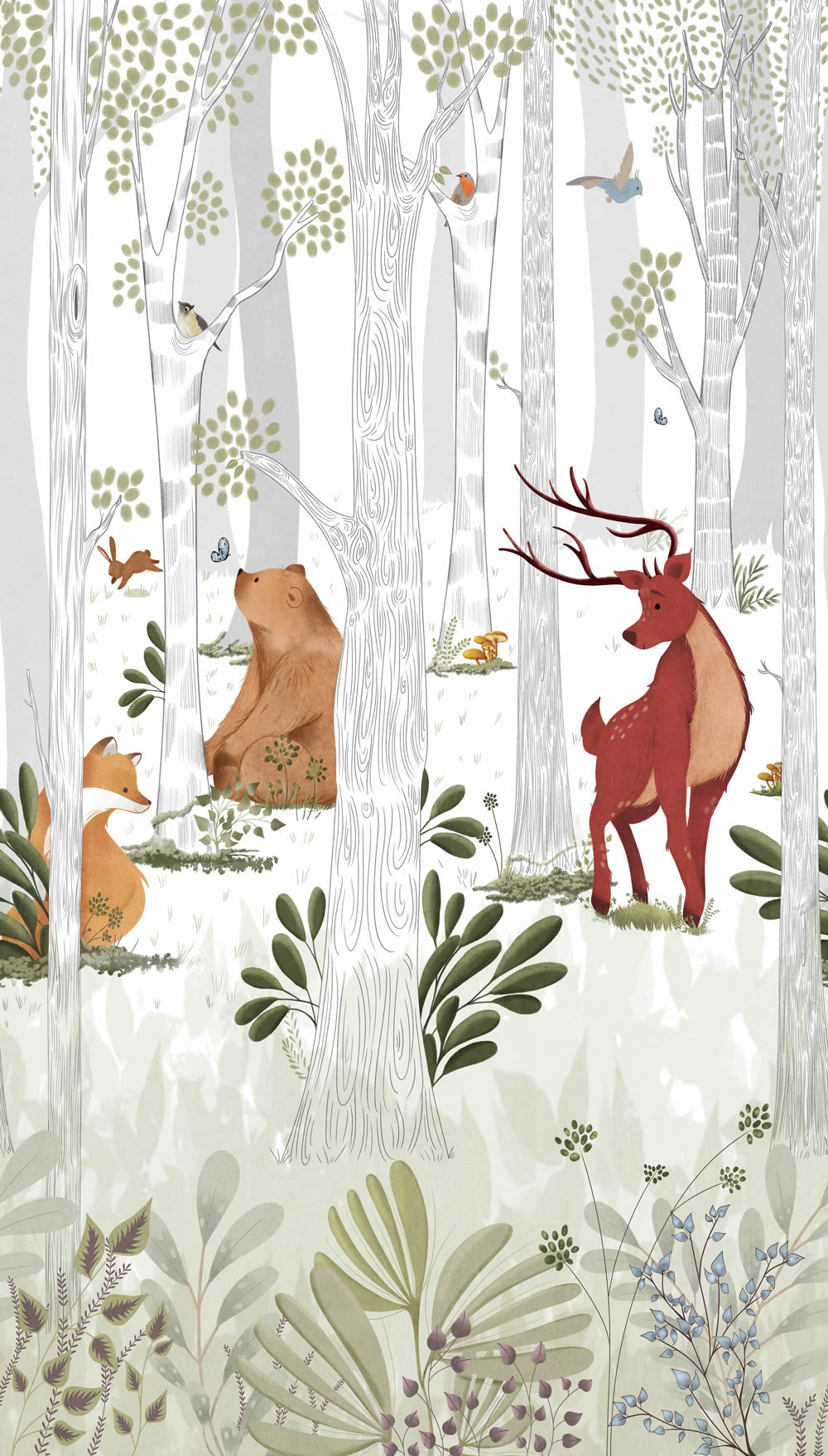 Wandbild 1,59 x 2,80 m Waldtiere Hirsch Bär und Fuchs im Wald A73301