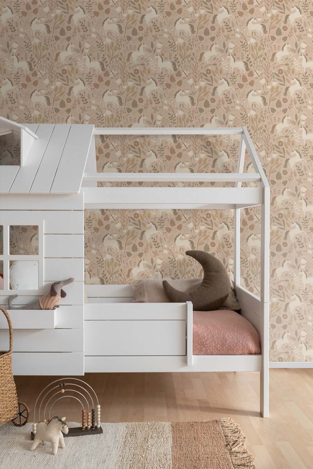 Vintage-Stil Blumenmuster Einhorn und Schmetterling beige