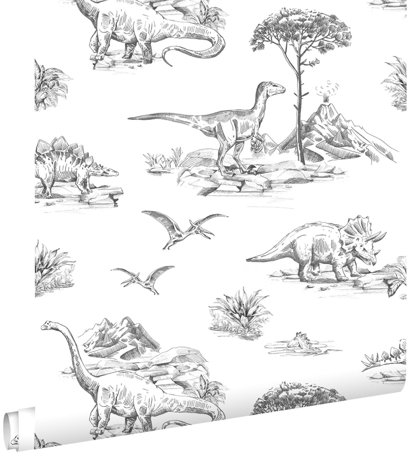 Dino Tapete Dinosaurier Pflanzen Vlies schwarz weiß 139269