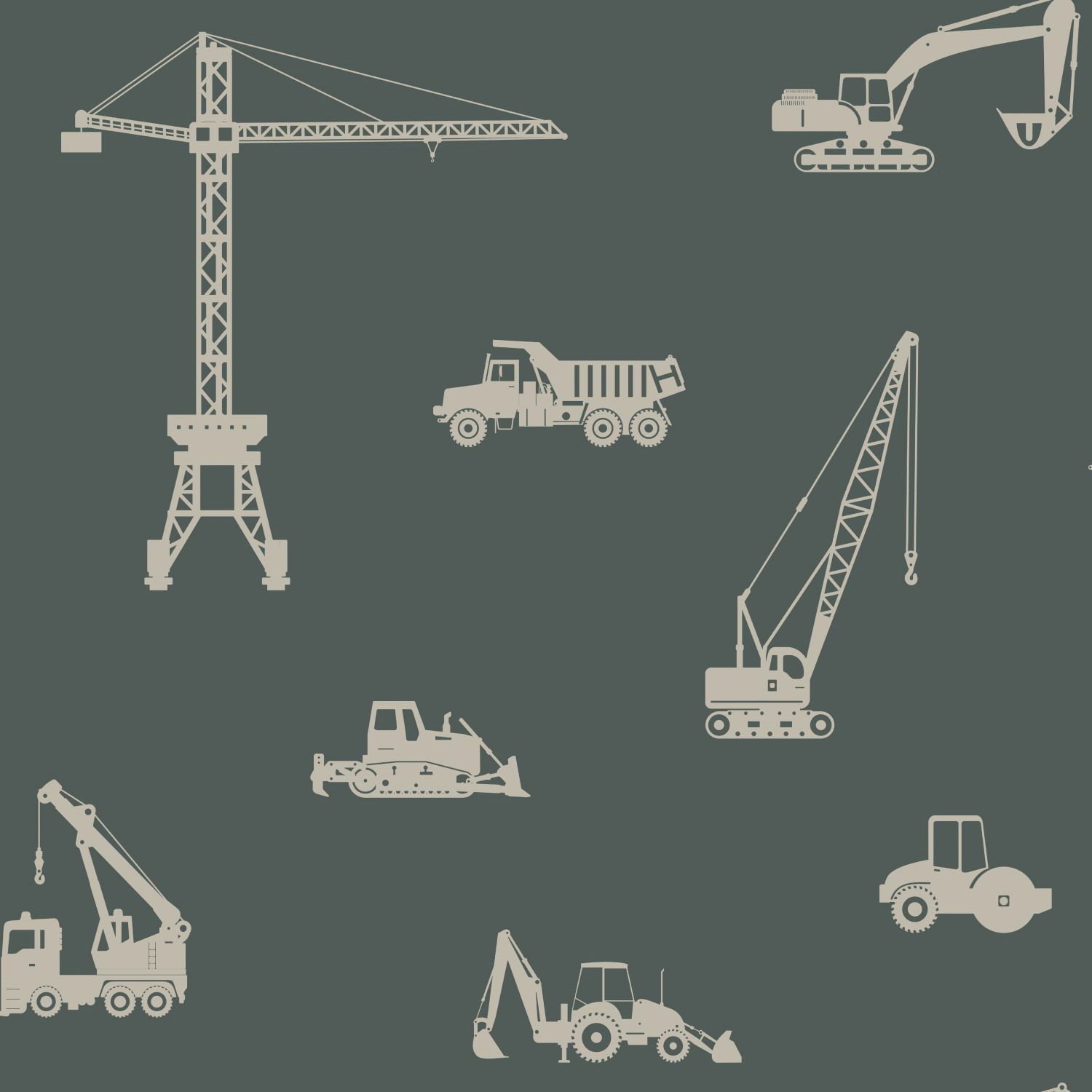 Vliestapete Baustelle weiße Bagger und Kranwagen dunkelgrün