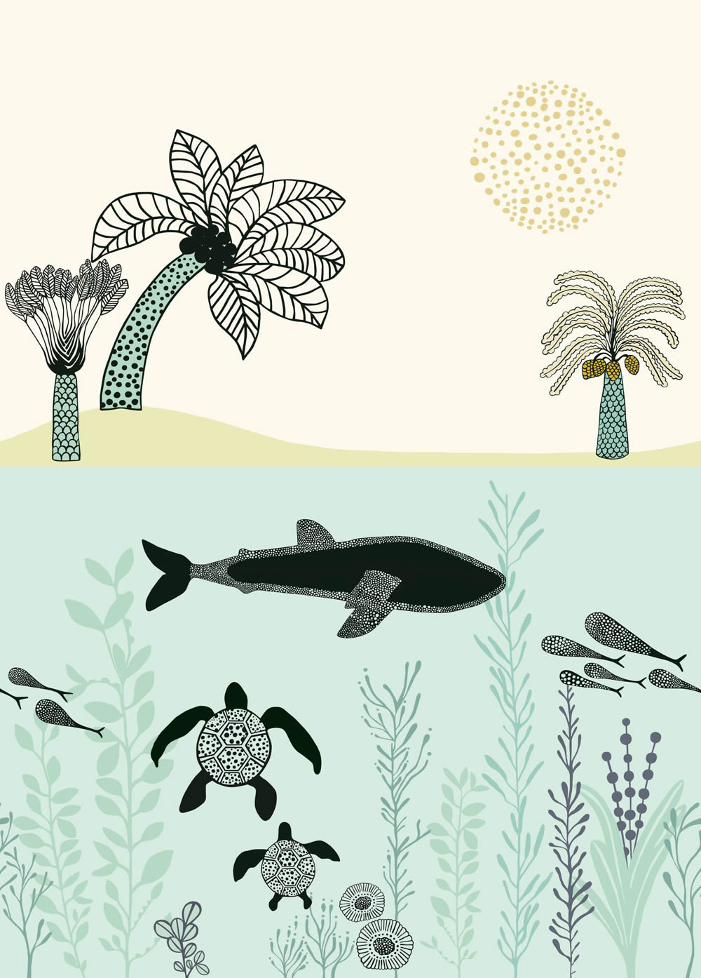 Wandbild Fische Wale Schildkröte Strand Unterwasser Palmen Blau weiß 557466