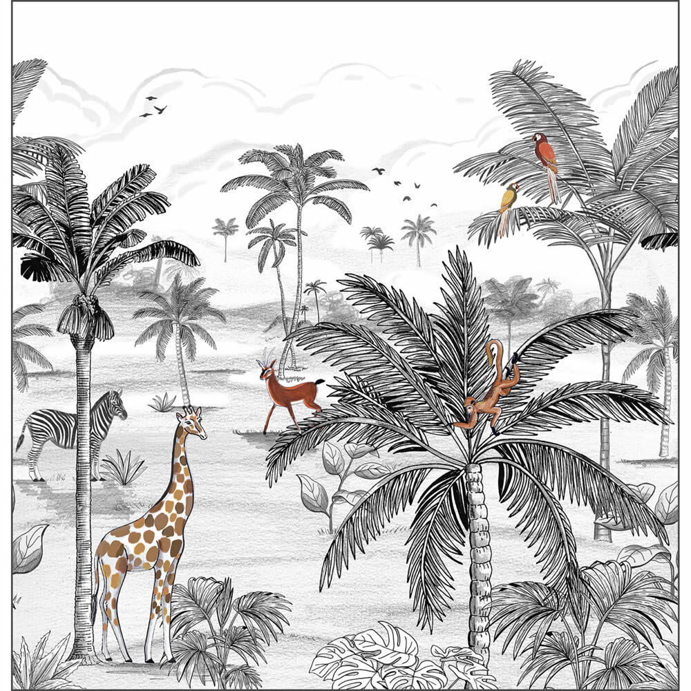 Mural L leaves zoo animals on safari landscape black and white Les Minis Mondes Caselio MNM105789009