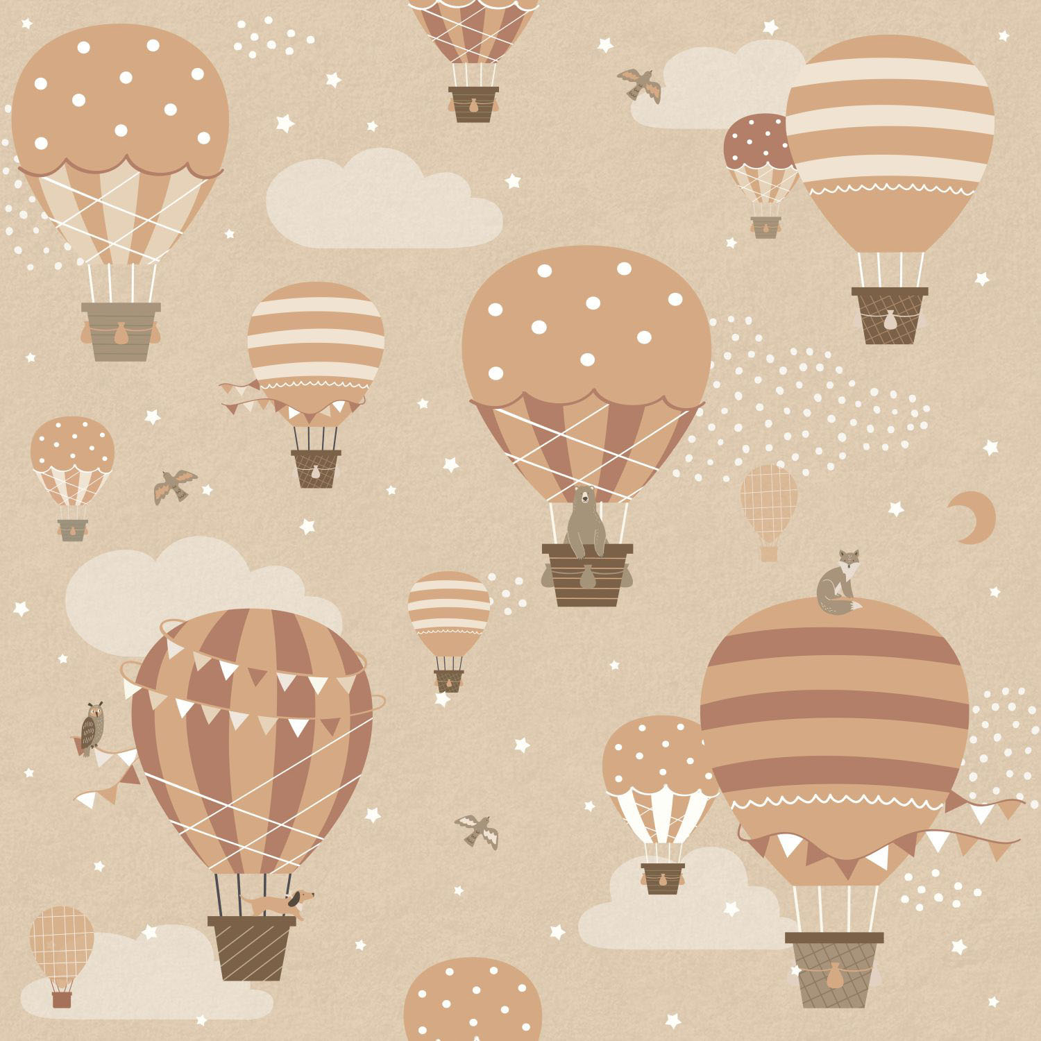 Heißluftballons fliegende Bären und Dackel Vliestapete beige