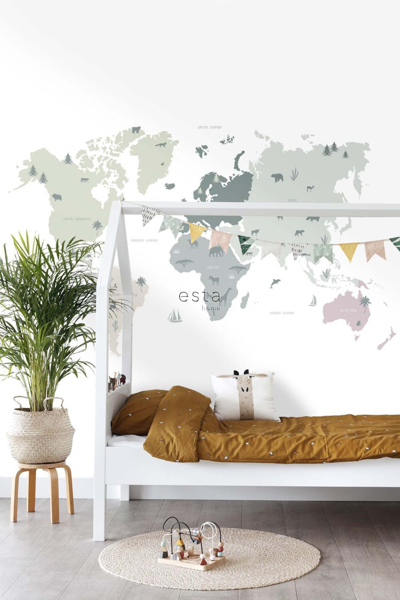 Wandbild Weltkarte Tiere mintgrün weiß 200 x 279 cm 158929