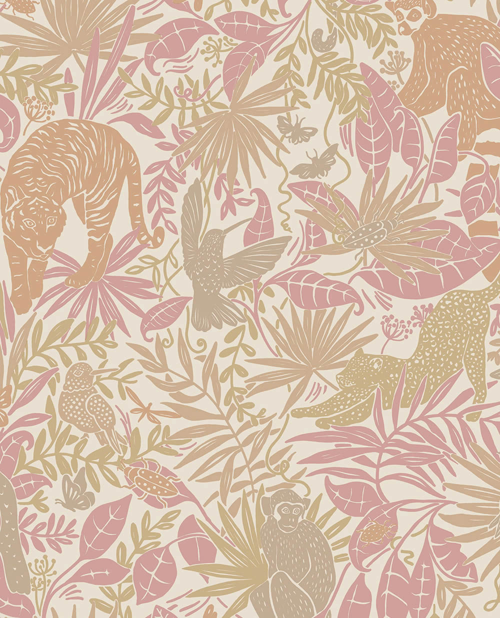 nature animals in the rainforest non-woven wallpaper beige and pink Explore Eijffinger 323022-55-323022