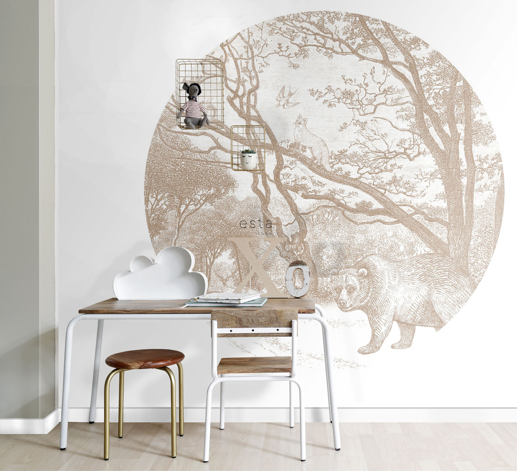 Wandbild rund Waldtiere beige 140 cm Vlies 159085