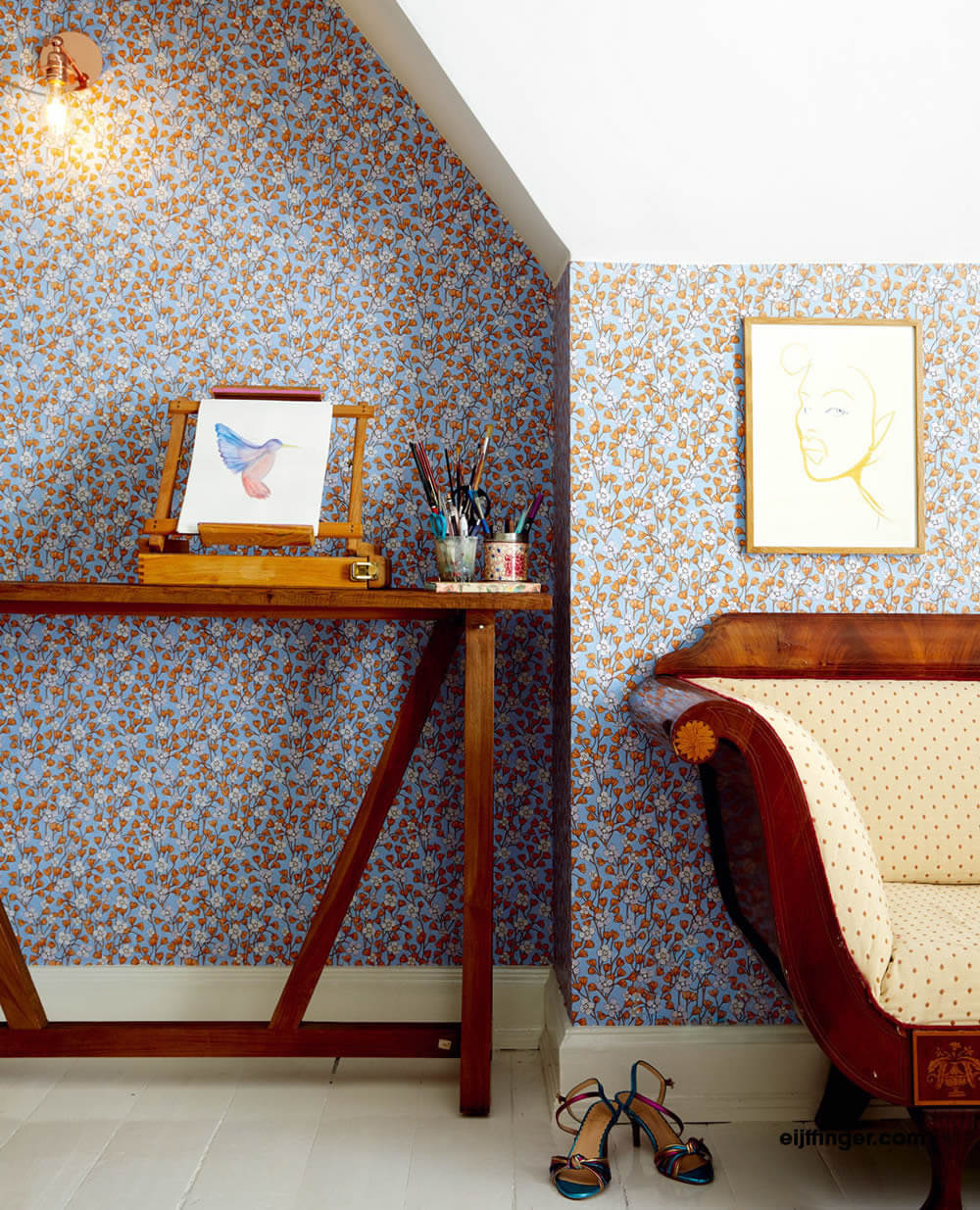 Flowers non-woven blue orange wallpaper-55-383533