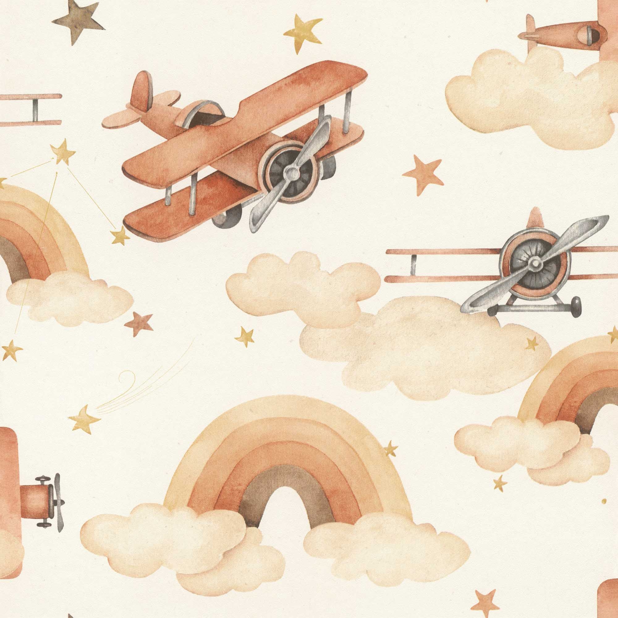 Tapete Über den Wolken Himmeltapete retro Propellerflugzeug orange