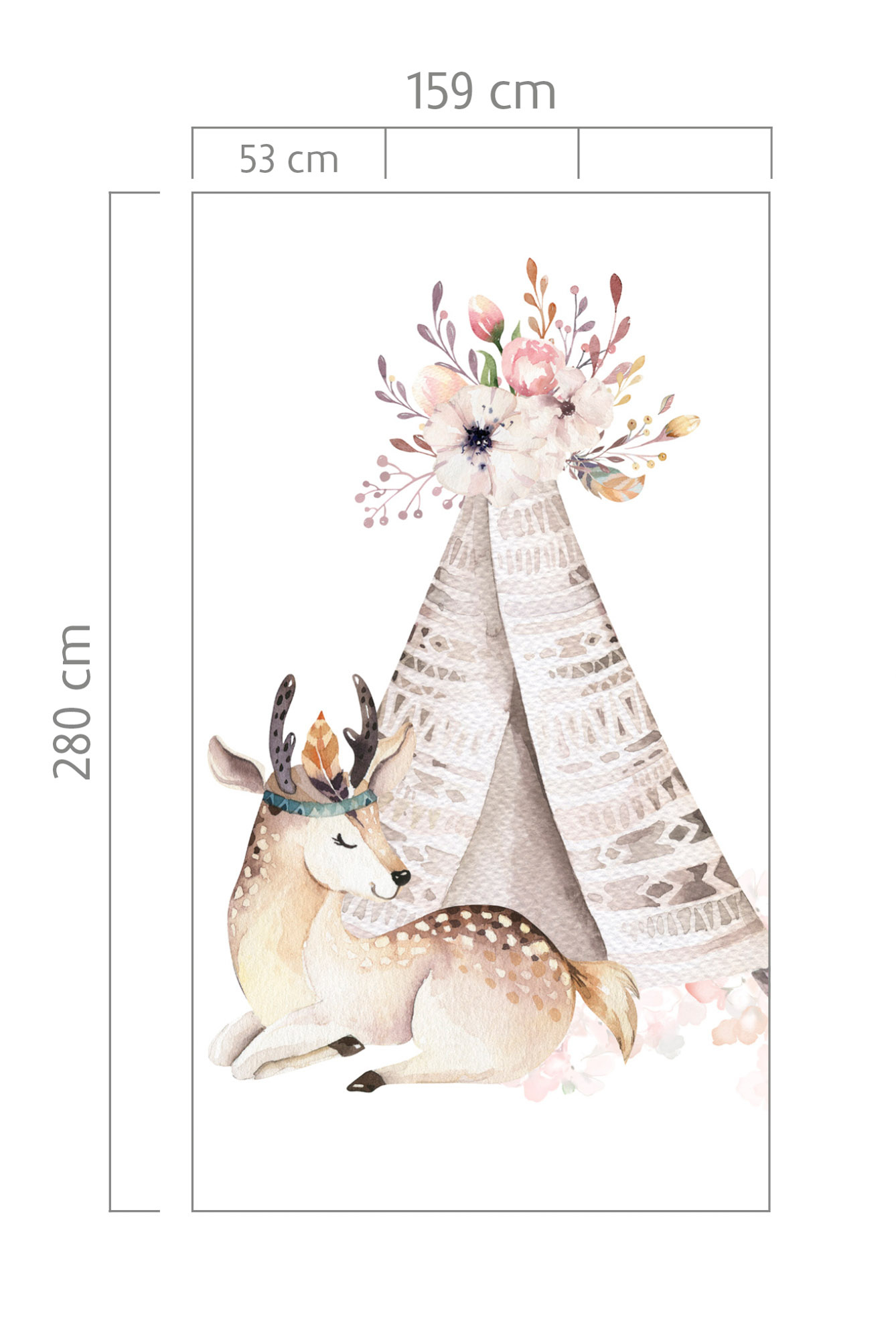 3-Panel Mural Vintage Teepee Sleeping Deer Pastel Pink