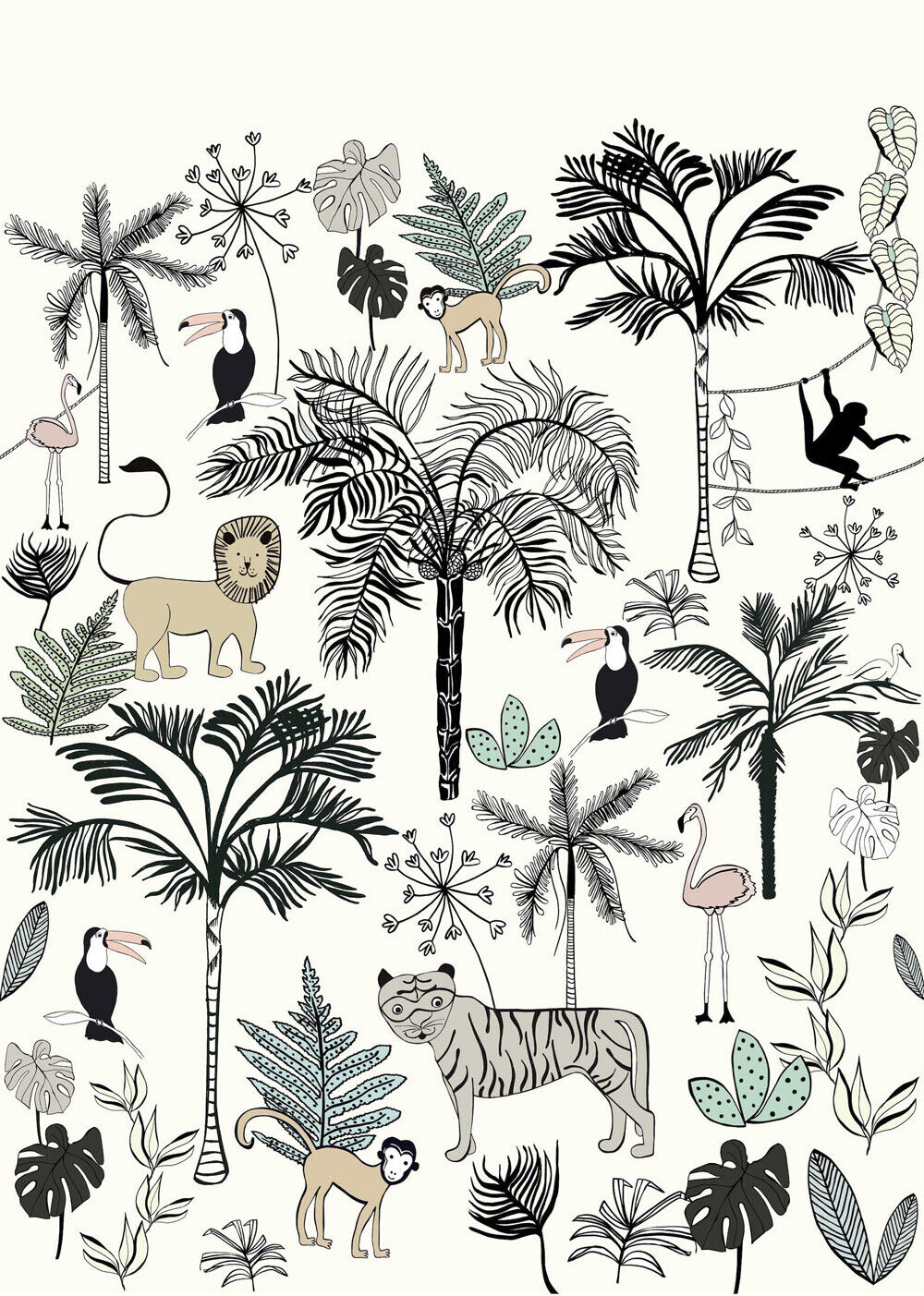 Wandbild Jungle Tiere Löwen Tiger Affen Palmen Beige 842173-7-842173