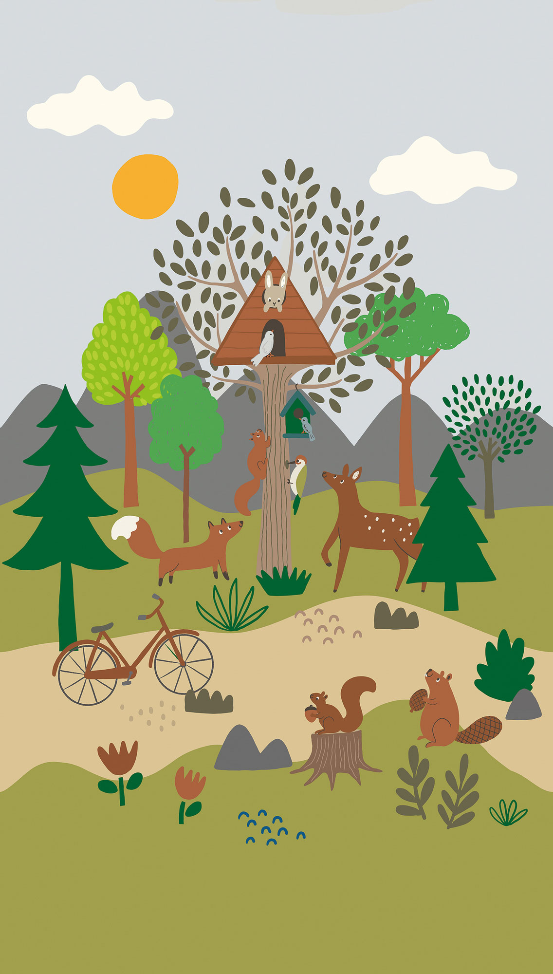 Wandbild Waldtiere Fuchs Reh Bäume grün 159 x 280 cm 792881