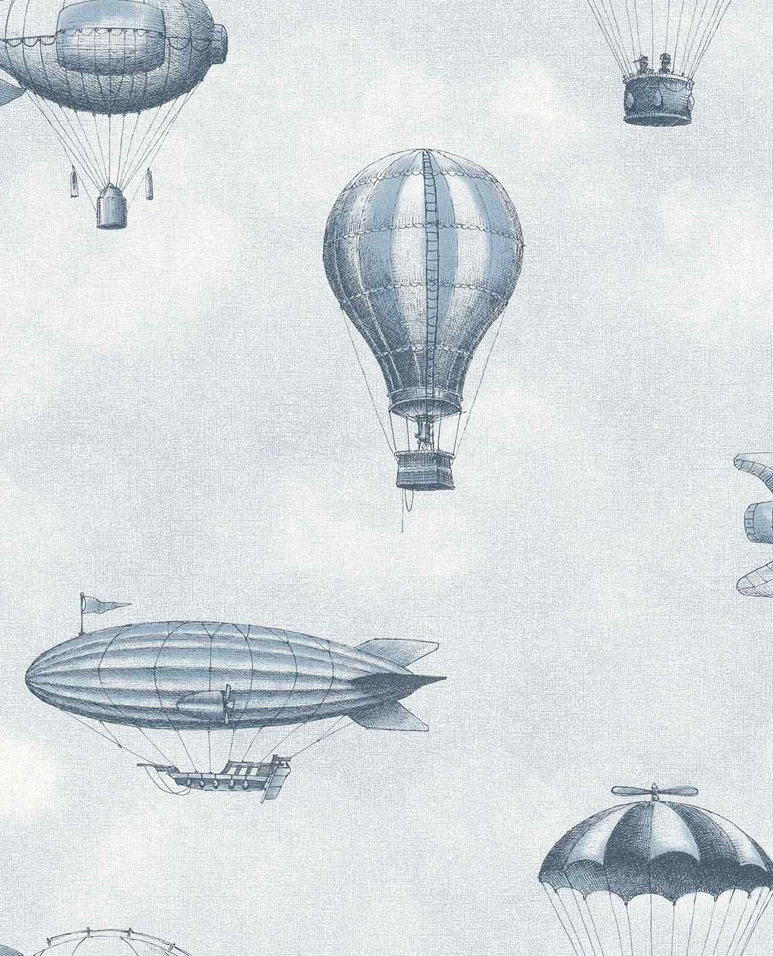 Tapete Vliestapete nostalgische Heißluftballons und Zeppelin blau