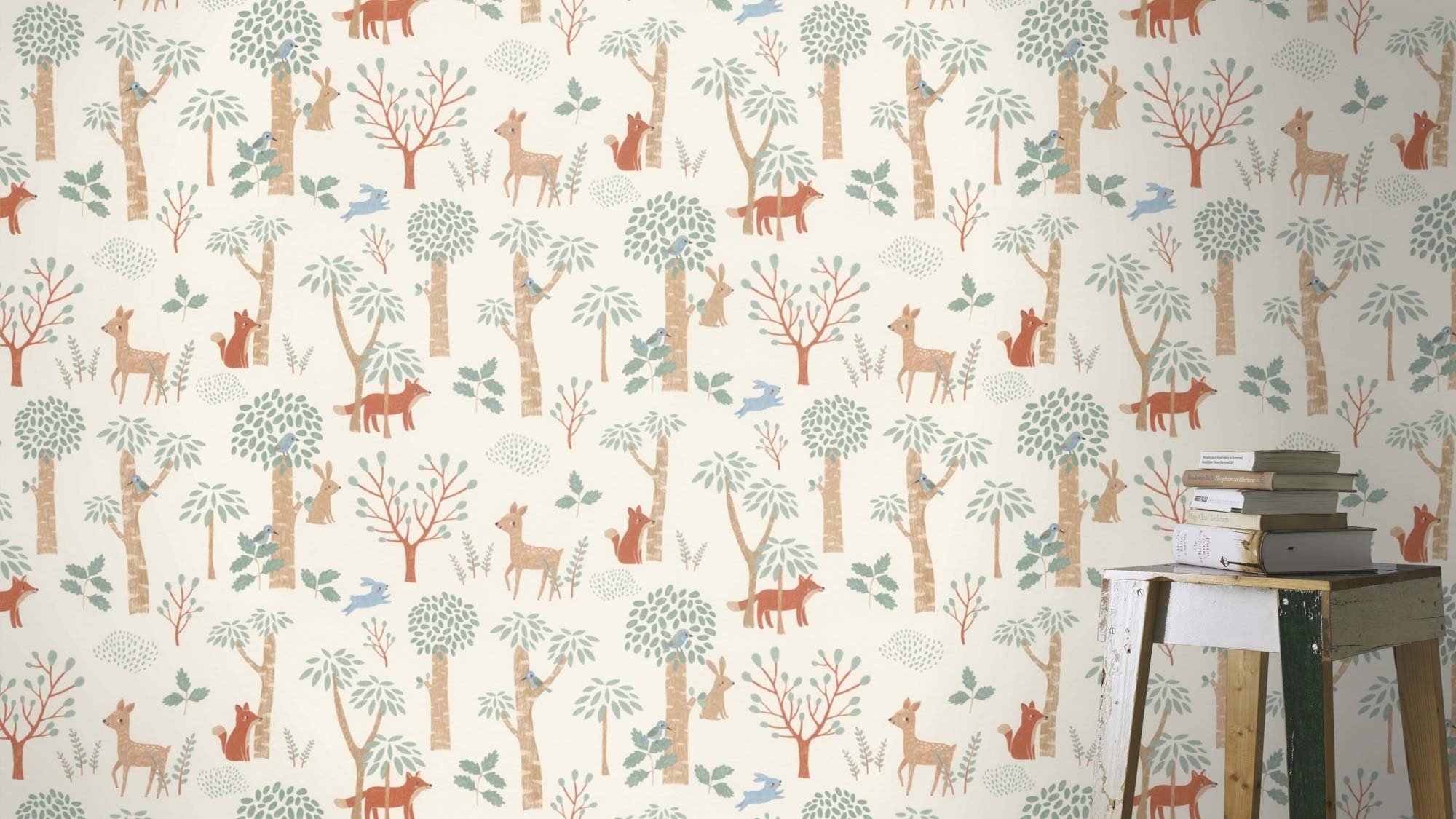 Tapete Waldmuster Vliestapete Buntstiftmalerei Waldtiere weiß mint